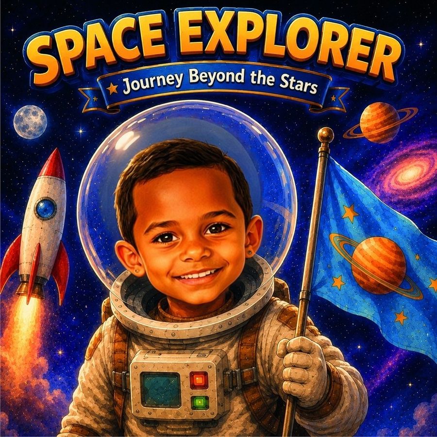 Space Explorer personalised with Aarav's face on the cover