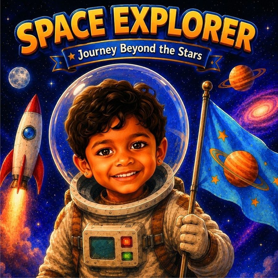 Space Explorer personalised with Kabir's face on the cover