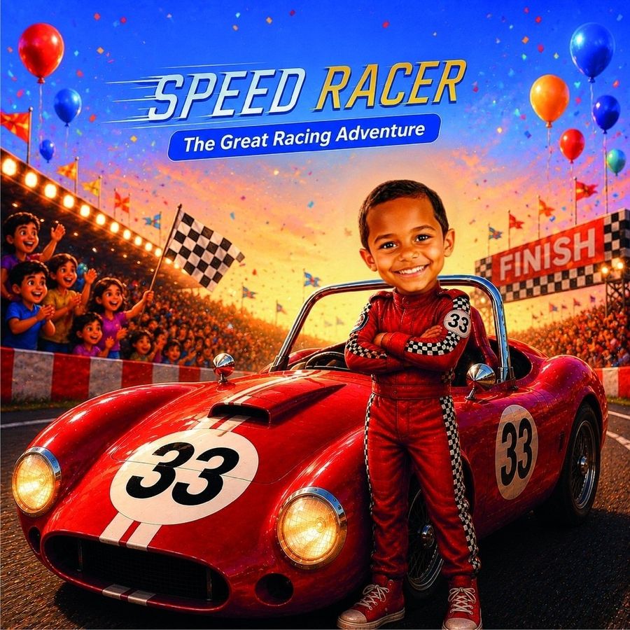 Speed Racer personalised with Aarav's face on the cover