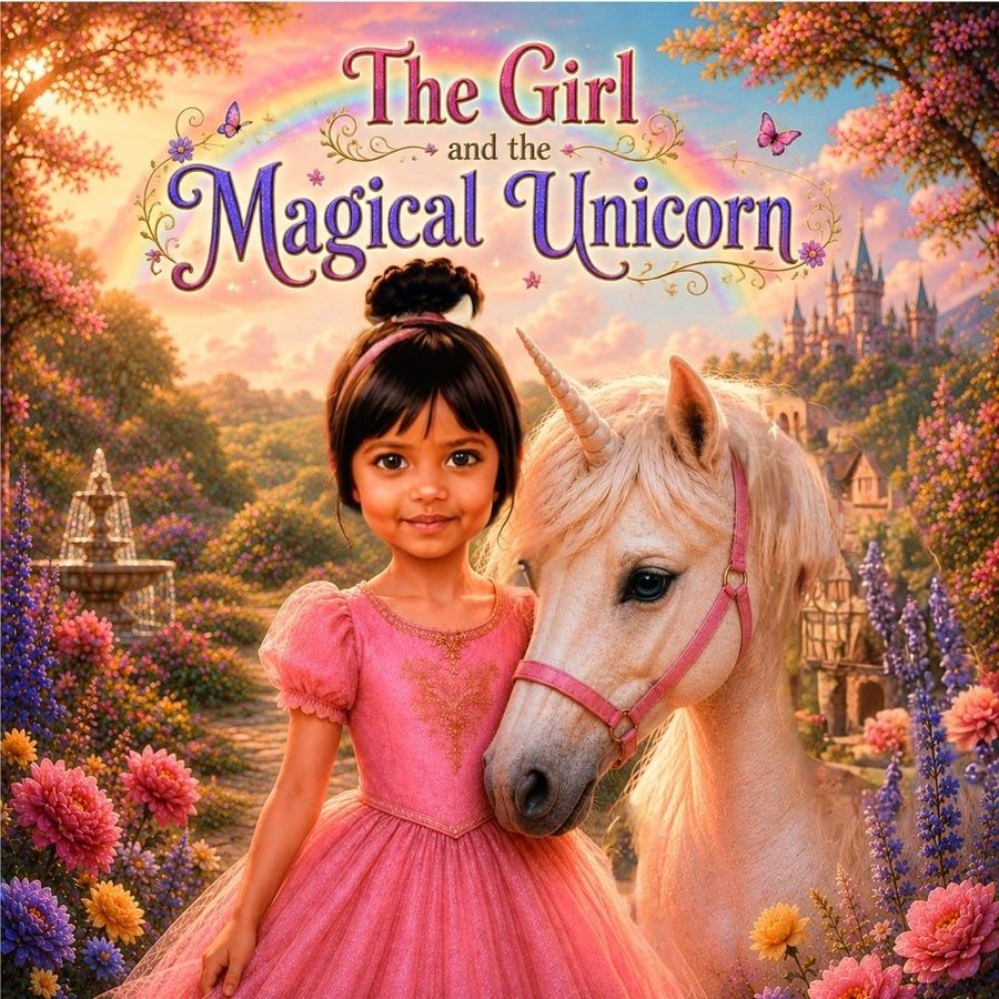 The Girl and the Magical Unicorn personalised with Diya's face on the cover