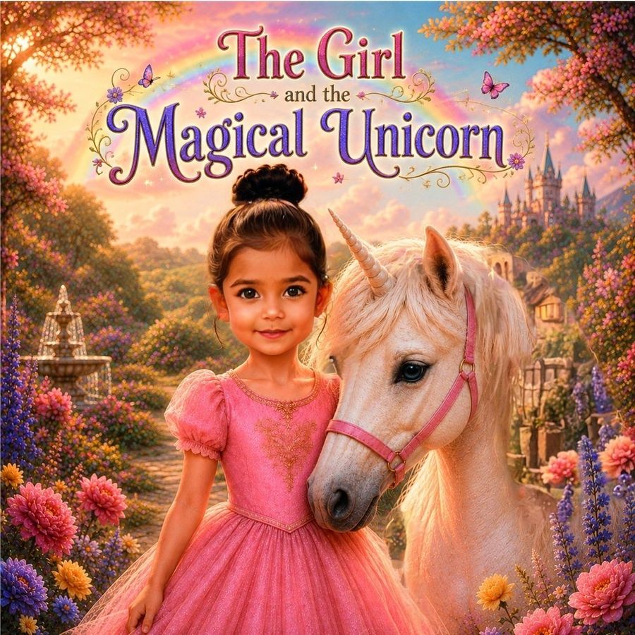 The Girl and the Magical Unicorn personalised with Meera's face on the cover