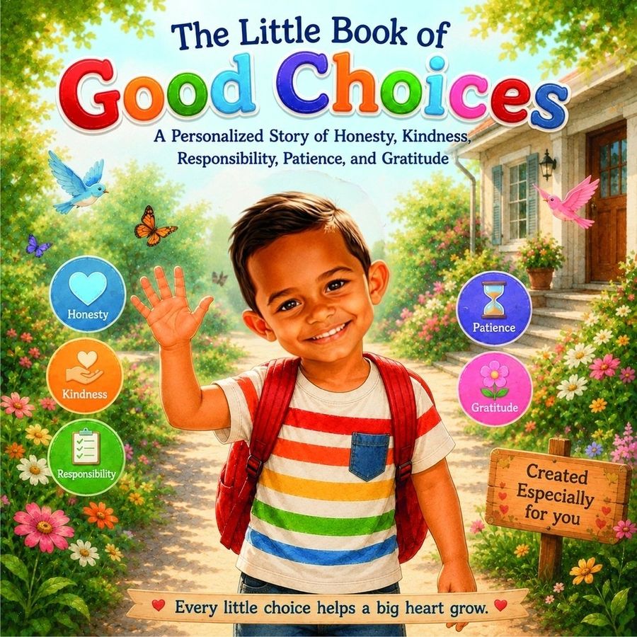 The Little Book of Good Choices personalised with Aarav's face on the cover