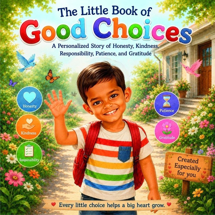 The Little Book of Good Choices personalised with Vihaan's face on the cover