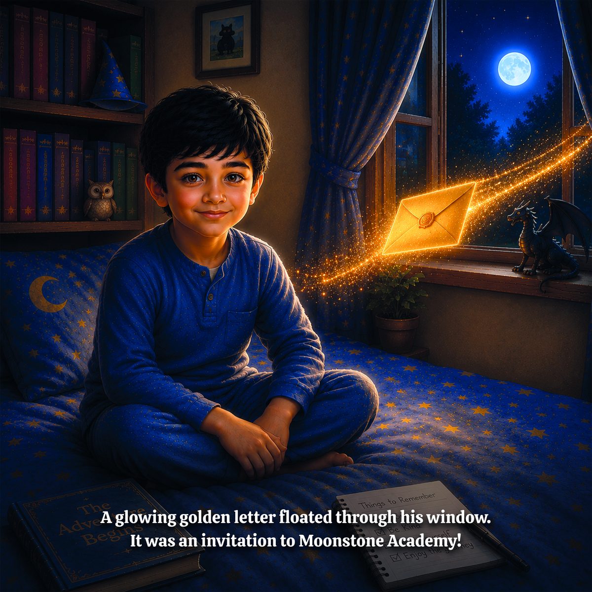 A glowing golden invitation to Moonstone Academy floating through a window